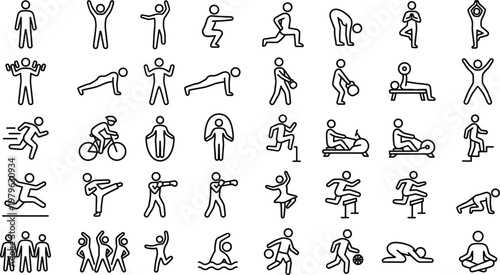 Sports and fitness outline icon set featuring workout exercises running gym training yoga activities and active lifestyle symbols collection