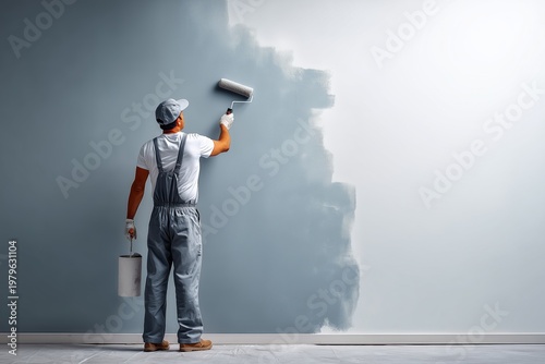 Painter in Blue Overalls Painting Wall with Roller