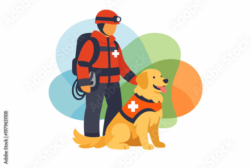 Search and rescue worker with professional emergency service dog