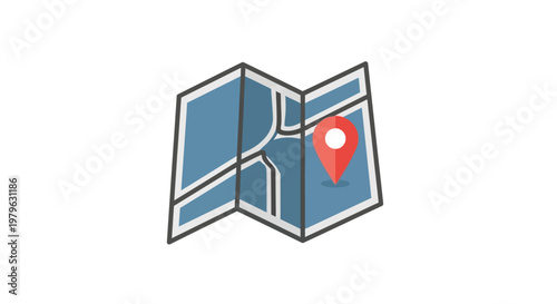 Illustration of a folded map with a red location marker indicating a specific place