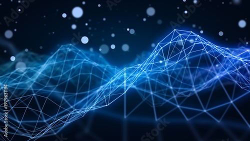 Dark futuristic technology background with glowing blue wireframe mesh waves. Floating light particles and bokeh. Clean minimal digital data science presentation concept.