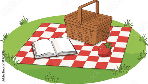 Picnic scene with basket, book and strawberry on blanket, outdoor leisure and relaxation concept isolated vector illustration for summer lifestyle design