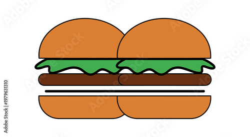 Illustration of two stylized burgers with lettuce, burger, and buns on a white background