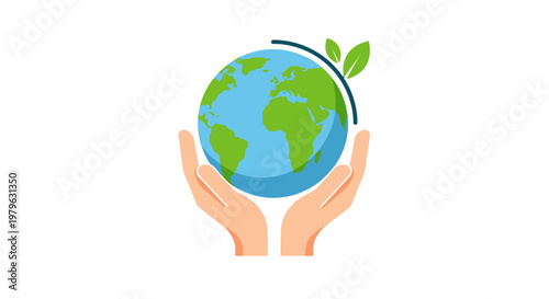 Hands holding a green Earth with leaves, symbolizing environmental protection and sustainability.