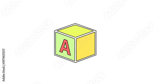 Isometric illustration of a colorful block with the letter A against a white background.
