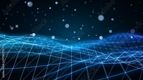 Digital mesh network visualization, abstract, a striking visual of a digital mesh network with a gradient, from deep blue to lighter shades, overlaid with scattered, glowing particles.