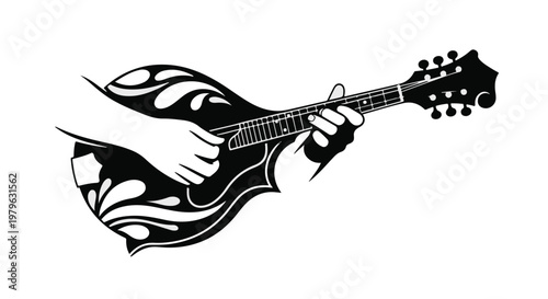 Mandolin illustration showcases a hand strumming the strings of the musical instrument, emphasizing the act of playing and the artistic expression of music.