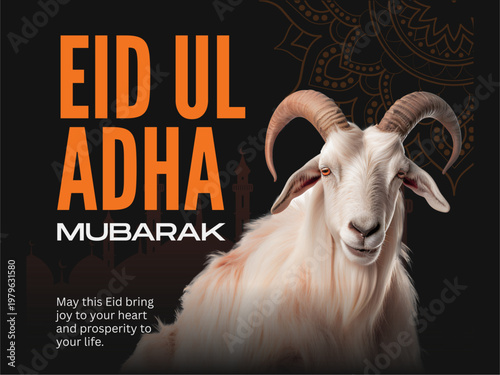 Portrait of a horned goat standing on a farm fence in a green rural meadow