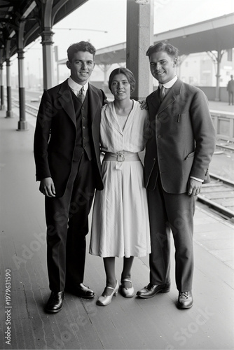 Three friends in early 20th century attire posing on a railway platform beside a waiting train, vintage portrait. Generative AI