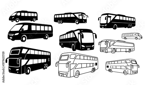 Creative bus icon set with mixed silhouettes and outline side view designs for transportation graphics