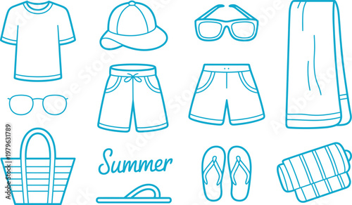 Set of blue line featuring summer vacation essentials including a t-shirt, bucket hat, sunglasses, swim trunks, beach bag, flip-flops, and a rolled towel with the word summer written in script