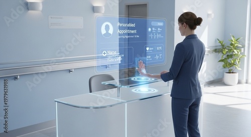 Woman using futuristic holographic interface at hospital reception desk for personalized appointment check-in