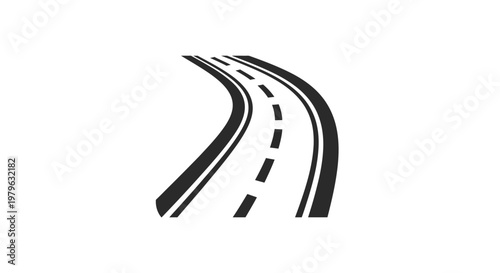 Abstract illustration of a curving road with dashed lines on a stark white background
