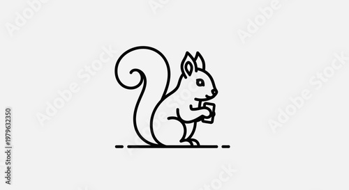 Minimalist line art illustration of a cute squirrel eating a nut.