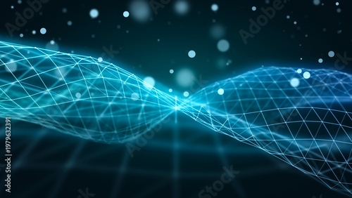 Abstract digital illustration of a wavy mesh grid, highlighting digital transformation, and the vastness of the internet. The scene showcases a futuristic and interconnected concept.