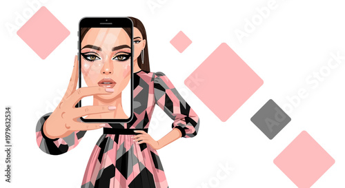 Glamorous woman takes a selfie wearing stylish dress, capturing digital self-portrait in modern