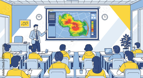 Geography lesson about a heat map with students and a professor in the classroom