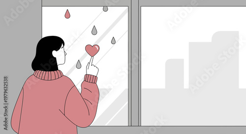 Girl drawing heart on rainy window, cityscape background, love thought