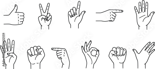 Set of hand gesture outline icons including thumbs up, peace sign and pointing, minimal line art collection isolated vector illustration for communication design