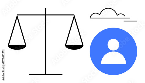 Legal rights, equality, social balance, digital identity, inclusivity, decision-making. A scale, user icon and minimal cloud illustration. Legal rights and equality