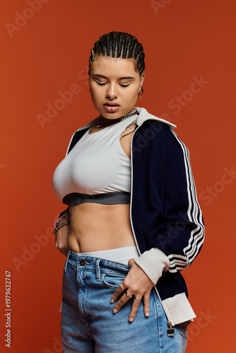 Stylish young woman showcasing vibrant energy in urban fashion against a bold backdrop