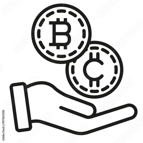 An illustration of a hand holding two cryptocurrency coins on a dark background.