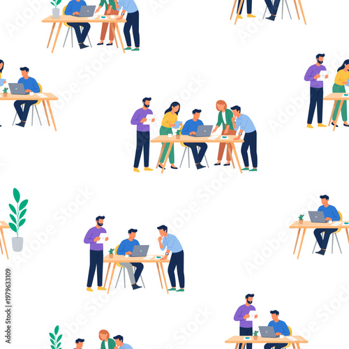 Seamless pattern with business teams on white background. Repeating office people, teamwork scenes and corporate workflow in modern flat vector style. Clean professional illustration