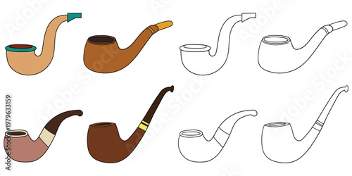 Hand-drawn cartoon and doodle set of smoking pipes on a white background.