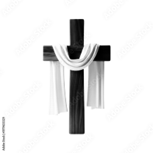 Halftone dotted Christian cross with draped cloth, symbolic religious illustration in black isolated on white background, representing faith and resurrection.
