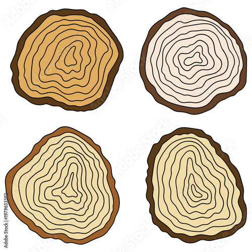 Hand-drawn cartoon set of tree trunk cross sections on a white background.