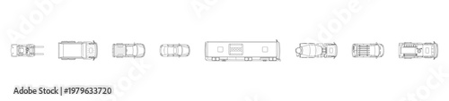 Top View Vehicles and Heavy Machinery Vector Set, Overhead Perspective Minimalist Car and Truck Outlines with White Fill for Architectural Site Plans, Urban Design, Clean Line Art Style