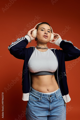Young stylish woman enjoying music with headphones against a vibrant red background