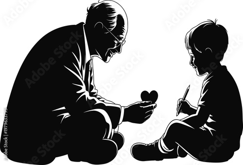 Silhouette of an older man and a young boy, man holding a heart, boy with a pencil