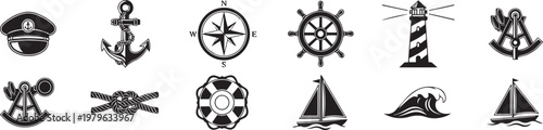 Marine Life and Sailing Icons Set with Captain Hat and Waves