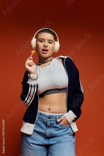 Stylish young woman enjoying candy against a warm, vibrant background
