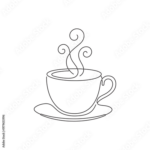 Minimalist continuous line art drawing of a hot coffee cup with swirl steam, tea cup vector illustration on white background