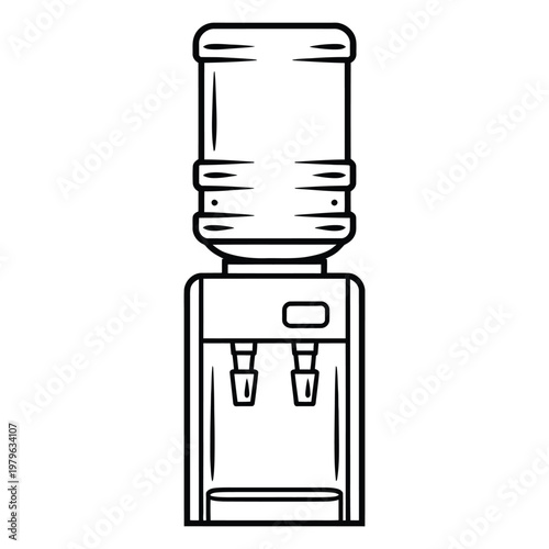 A detailed line drawing depicts a water cooler with two spigots a sleek silhouette
