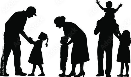 Silhouette of family members interacting, parents with children in various poses silhouettes father