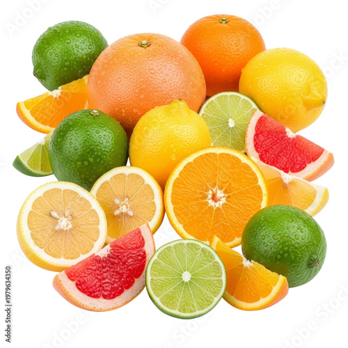 Assortment of fresh citrus fruits with water droplets