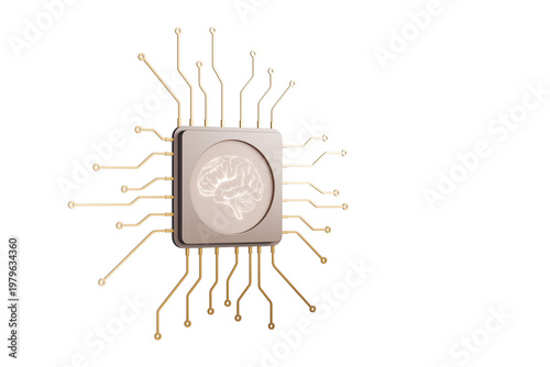 Brain chip with golden circuit layout on white background showing concept of artificial intelligence, 3D Rendering