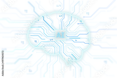 Digital brain with circuit lines in glowing blue tech style on light background, concept of artificial intelligence data mind, 3D Rendering