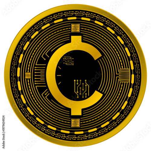 Golden cryptocurrency coin with circuit board design on black background for 7 concept