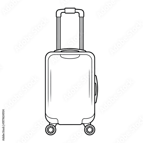 A simple black and white line drawing depicts a wheeled suitcase ready for travel silhouette