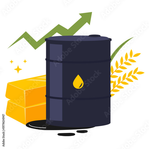 An illustration shows a rising green arrow over a dark barrel with a gold drop, gold bars, and wheat on a black background, symbolizing 9 economic growth.
