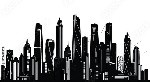 City skyline illustration depicts a silhouette of multiple modern skyscrapers and buildings against a white background, representing urban development and architectural grandeur.