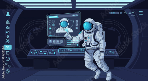 Futuristic space mission, astronaut interacting with advanced holographic interface inside