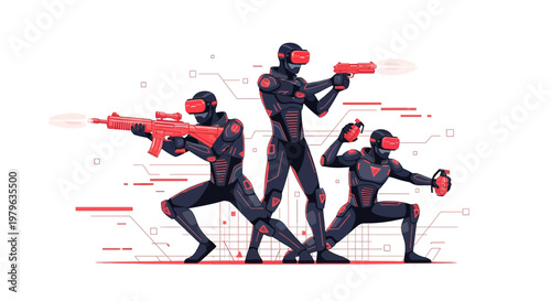 Futuristic team engaging in virtual reality battle with advanced weaponry simulation immersion