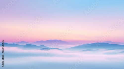 Serene Mountain Landscape at Sunrise with Soft Pink and Blue Mist Creating Dreamlike Atmosphere in Pastel Colors