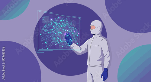 Futuristic technologist interacts with digital network interface in cleanroom environment