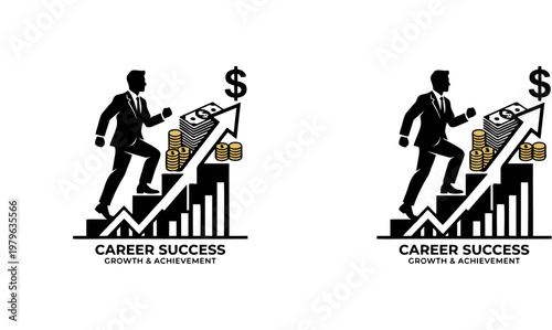 Minimalist vector illustration featuring businessperson climbing staircase that transforms into upward arrow with dollar sign, coins, and money bag, symbolizing career success, growth, achievement, an